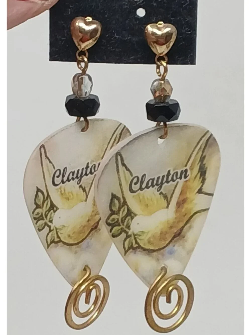 Clayton Guitar Pick Earrings Dove GoldTone Swirls Black Beads Handmade #J1-P